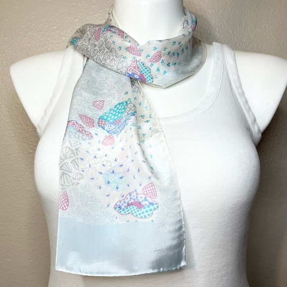 Echo Vintage Silk Scarf Clams Crustaceancore Grandmacore White Blue 11” x 46” - Picture 4 of 8